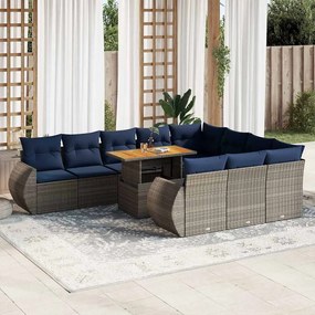 11 pcs conjunto sofás de jardim c/ almofadões vime PE cinzento