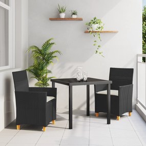 vidaXL Conjunto de Jantar de Jardim de 3 Peças com Almofadas Preto Vime Sintético