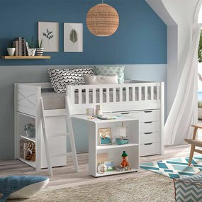 Conjunto cama Infantil SCOTT + secretária + Estante + cómoda com 4 gavetas Branca