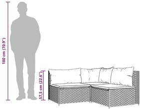 3 pcs conjunto lounge jardim c/ almofadões vime PE castanho