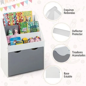 Estante para crianças com 3 compartimentos e gaveta extraível com 4 rodas para crianças dos 3 aos 6 anos 50 x 28 x 70 cm Cinzento