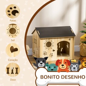 Casa de Madeira para Cães Pequenos Casa para Animais de Estimação com Porta Dianteira Desenhos em Forma de Sol Coração Pata 69x50x58,5cm Madeira e Pre