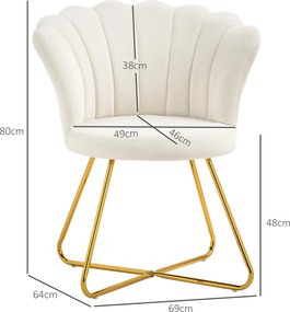 Poltrona em forma de concha, cadeira de Toucador, poltrona em veludo, poltrona de sala com pés em aço, 69 x 64 x 80 cm, creme