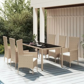 vidaXL 7 pcs conjunto de jantar p/ jardim com almofadões vime PE bege