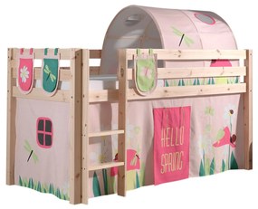 Conjunto Cama alta de Criança PINO 90 x 200 cm + estrado + escada + cortina + 3 bolsas + túnel Primavera Natural