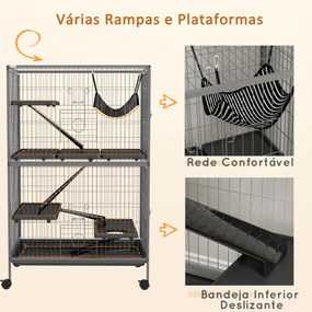 Gaiola para Roedores 80x52x128 cm Casa de 4 Alturas com Rampas Suspensa Rede Bandeja Removível Rodas Cinza Prateado