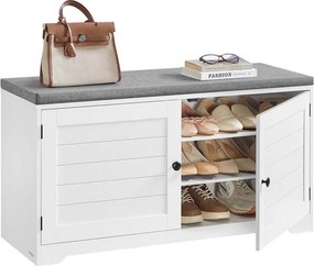 Banco para sapatos com espaço de arrumação 35,5 x 101 x 52,5 cm, portas, almofadas de assento e prateleiras ajustáveis Branco e cinzento