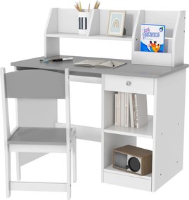 ZONEKIZ Secretária infantil com cadeira ergonómica com gaveta deslizante para teclado, nichos e prateleiras abertas 90 x 45 x 90 cm cinzento | Aosom Portugal