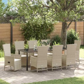 vidaXL Conjunto de Jantar de Jardim de 9 Peças com Almofadas Bege Rattan Sintético