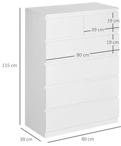 Cómoda Moderna com 6 Gavetas Cómoda de Madeira para Dormitório Entrada Sala de Estar Carga Máxima 50kg 80x39x115cm Branco