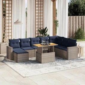 vidaXL 9 pcs conjunto sofás p/ jardim c/ almofadões vime PE cinzento