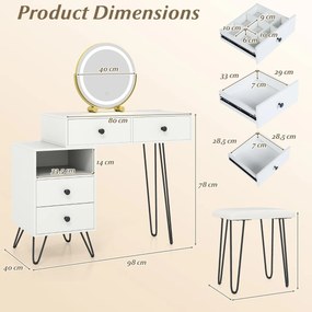 Toucador com banco e espelho e luzes moderno 98 x 40 x 120 cm com estação de carregamento Espelho giratório 4 gavetas deslizantes Branco
