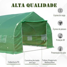 Estufa Tipo Túnel 800x300x200cm com 12 Janelas e Porta Enrolável Cobertura de PE 140g/m² e Aço Teto Pontiagudo para Cultivo de Plantas Verduras Verde