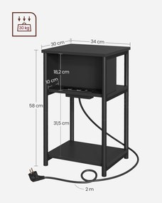 Mesa de apoio com uma tomada eléctrica e 2 portas USB 30 x 34 x 58 cm preta