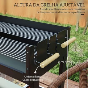 Churrasqueira a Carvão 113x53,5x82,5 cm com 2 Grelhas Alturas Ajustáveis Mesa Lateral, Prateleira e Rodas para Jardim Preto