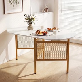 Mesa de jantar dobrável oval com abas rebatíveis para 6-8 pessoas, 150 x 80 x 76 cm, com pés metálicos, estilo moderno, em imitação mármore branco e d