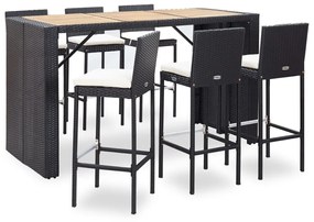 vidaXL 7 pcs conjunto bar exterior com almofadões vime PE preto
