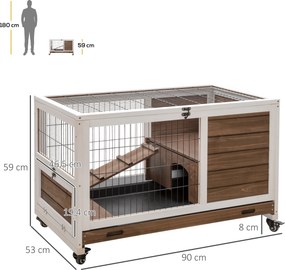 Gaiola para coelhos com rodas, 2 andares, porta com fechadura, teto abrível, tabuleiro deslizante e rampa, castanho e branco