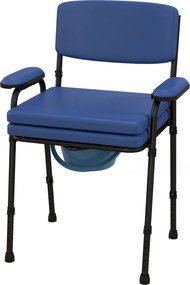 Cadeira sanitária multifunções com balde removível, altura ajustável, encosto, assento e braços almofadados, azul