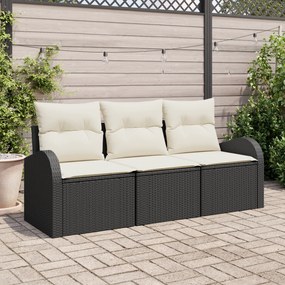 Conjunto de Sofá de Jardim 3 Peças com Almofadas Preto Rattan Poliéster