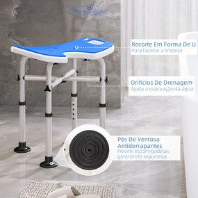 Banco de Duche para Idosos Antiderrapante com Barra de Apoio Altura Regulável e Assento em Forma de U 48,5x33x39-51,5 cm  Azul
