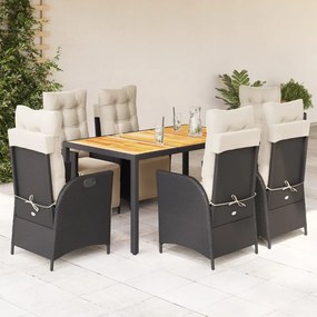 7 pcs conjunto de jantar p/ jardim c/ almofadões vime PE preto