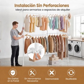 Cabideiro de Roupa 139-244 x 110-315 cm , Estrutura de Pé com 4 Barras Extensíveis, Branco