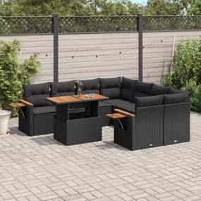 9 pcs conjunto de sofás p/ jardim c/ almofadões vime PE preto
