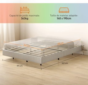 Estrutura de cama suspensa 140 x 190 cm com iluminação LED (COLCHÃO NÃO INCLUIDO), cama de casal estofada em linho, base de ripas de madeira, bege