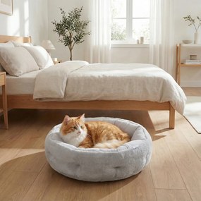 Cama reversível para gatos 62 C x 62 L x 21 A cm, cama para gatos de interior e cães de pequeno porte, cama redonda com rebordo de apoio, cinzento cla