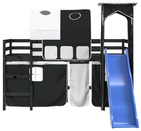 Cama alta criança c/ torre 80x200 cm pinho maciço branco/preto