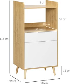 Móvel de apoio para micro-ondas com armário, gaveta e prateleira ajustável, 58 x 40 x 118 cm, em tons naturais e branco
