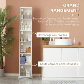 Armário de coluna giratório para casa de banho com espelho, 6 prateleiras, 36 x 36 x 171 cm, branco