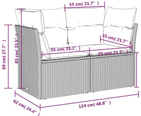 7 pcs conjunto sofás p/ jardim c/ almofadões vime PE cinzento