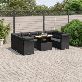10 pcs conjunto sofás de jardim c/ almofadões vime PE preto