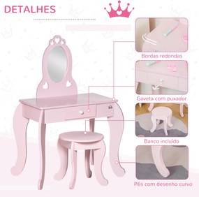 HOMCOM Toucador Infantil de Madeira para Crianças de 3-6 Anos com Banco e Espelho Estilo Princesa Mesa de Maquilhagem Infantil com Gaveta para Dormitório 60x36x88cm Rosa
