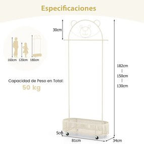 Guarda roupa para crianças com 3 alturas ajustáveis com rodas Armarios de livros de histórias com cesto Branco