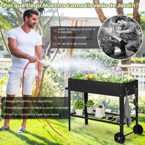Floreira de jardim elevada 95 x 40 x 80 cm com pernas e prateleira inferior com rodas e pernas de metal preto
