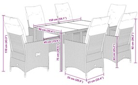 7 pcs conjunto de jantar p/ jardim com almofadões vime PE bege