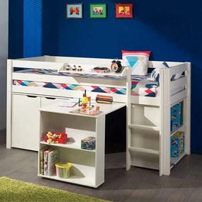 Conjunto Cama alta de Criança PINO 90 x 200 cm + estrado + escada + secretária extensível + uma estante + armário com 2 portas + prateleira suspensa B