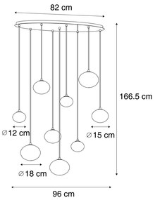 Candeeiro suspenso moderno preto com vidro fumado 9 luzes - Jia Moderno