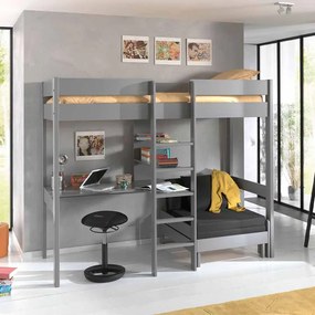 Cama alta de Criança PINO 90 x 200 cm + estrado + escada + secretária + 3 prateleiras + sofá-cama Cinzenta