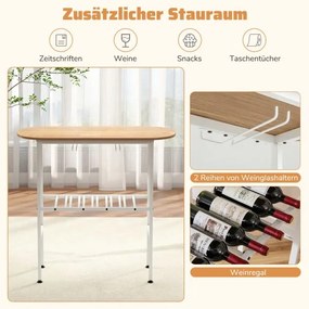 Mesa de bar com conjunto de 2 bancos com suportes para copos de vinho e garrafas, natural