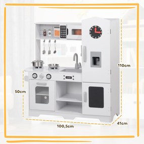 Cozinha de Madeira para Crianças com Fogão Lavatório Micro-Ondas Relógio Máquina de Gelo e Acessórios 100,5x41x110 cm Branca