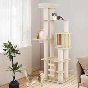 Arranhador para gatos de madeira 185 CM com Postes para arranhar Escada Suporte para trepar Natural