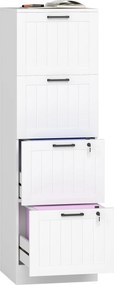 Arquivador escritório 40 x 40 x 131 cm móvel de arrumação em madeira com 4 gavetas e fechadura, varões de suspensão ajustáveis, branco
