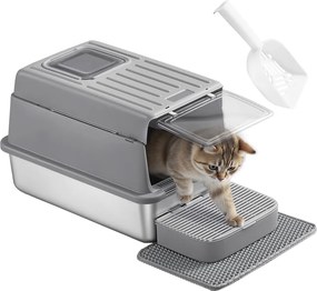 Caixa de areia para gatos em aço inoxidável 60 x 40 x 38 cm, com tampa e pá Cinzento