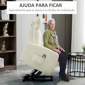 Poltrona Relax Levanta Pessoas Poltrona Elétrica Reclinável a 145° com Controlo Remoto Apoio para Pés 67x95x105 cm Creme