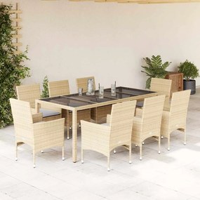 9 pcs conjunto jantar jardim com almofadões vime PE/vidro bege