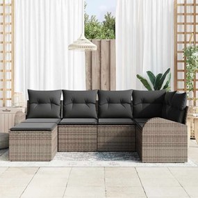 Conjunto de Sofá de Jardim 6 Peças com Almofadas Cinza Rattan Poli